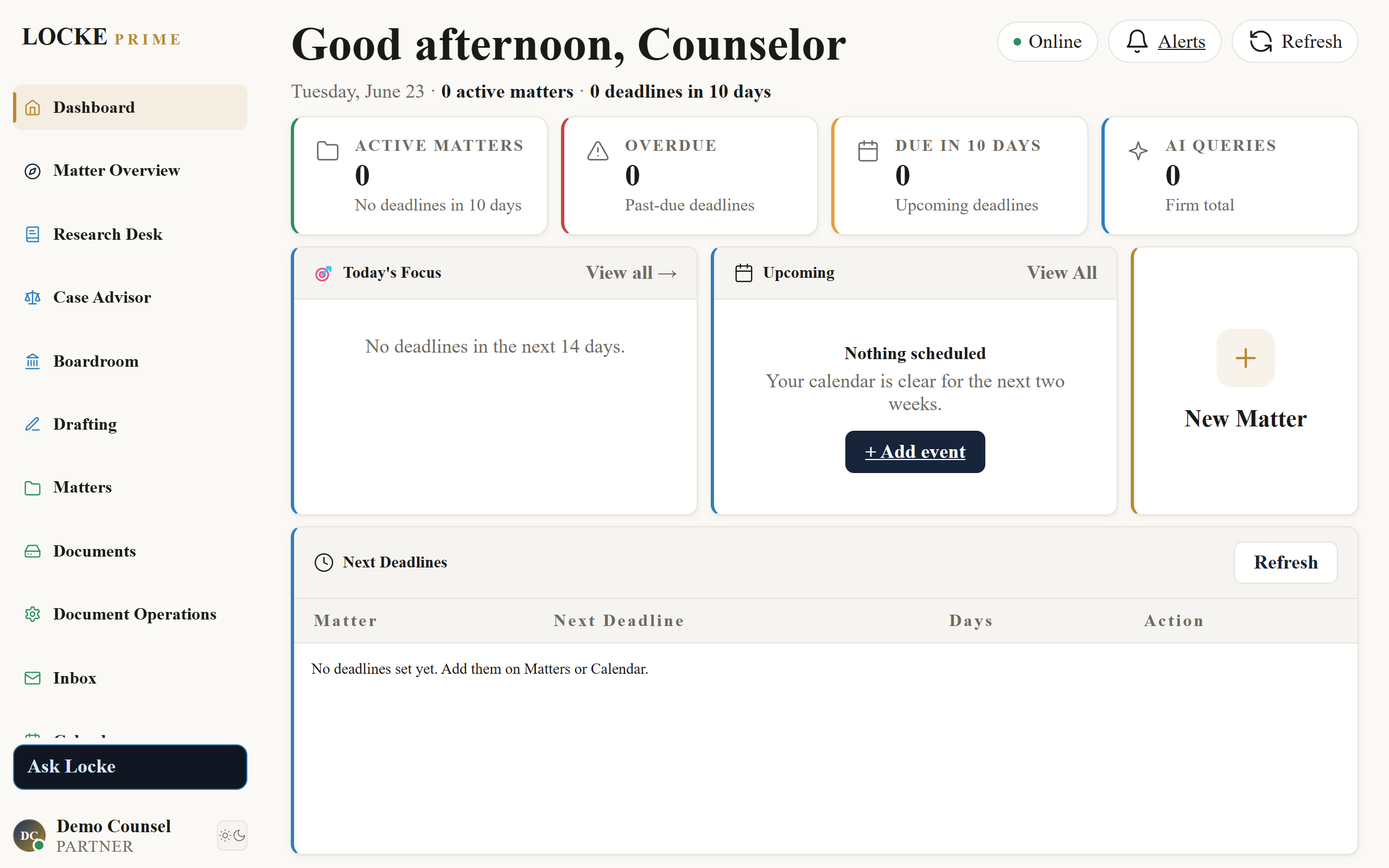 Locke Prime dashboard showing matter command center, deadlines, and quick actions