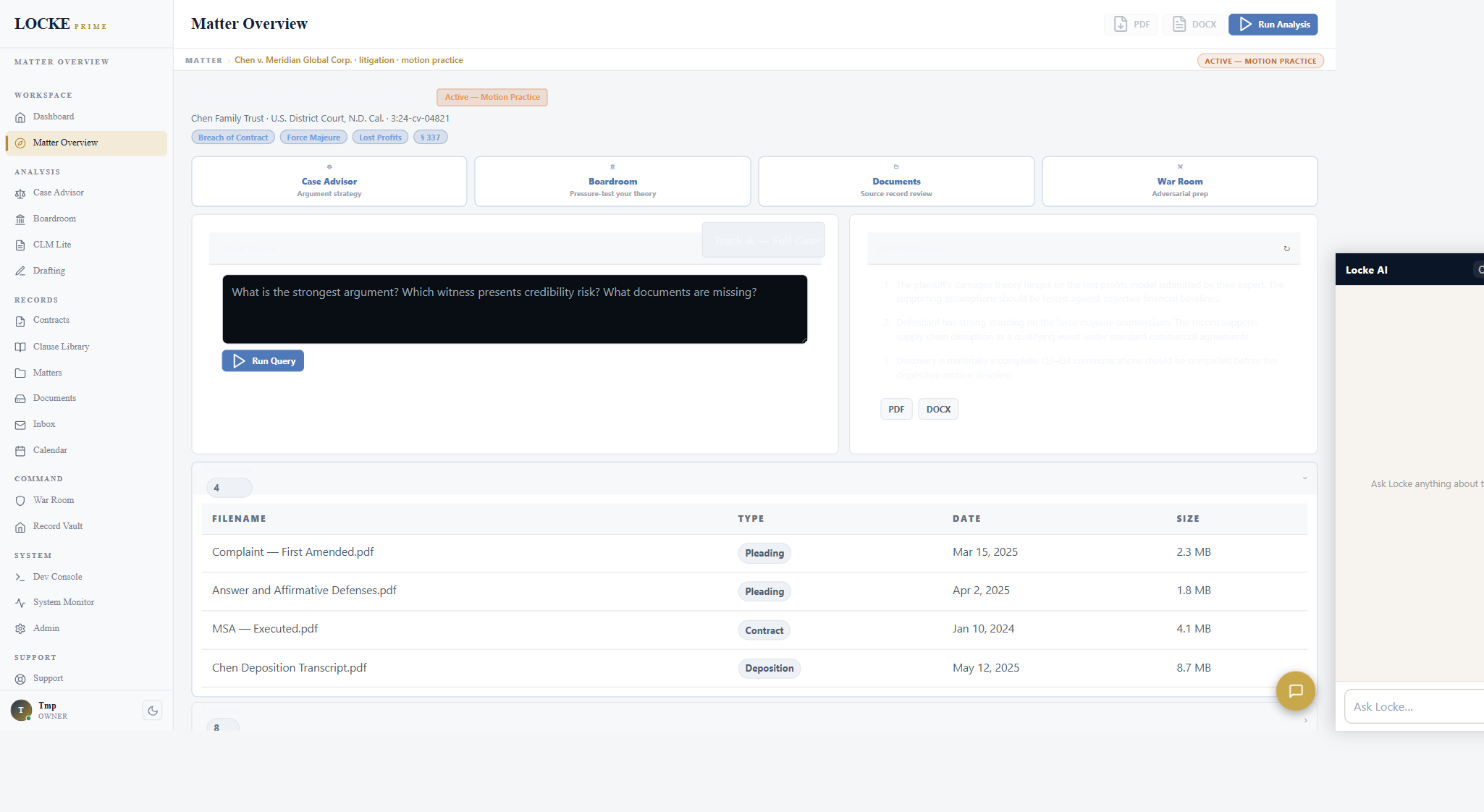 Matter Overview with document table and AI summary