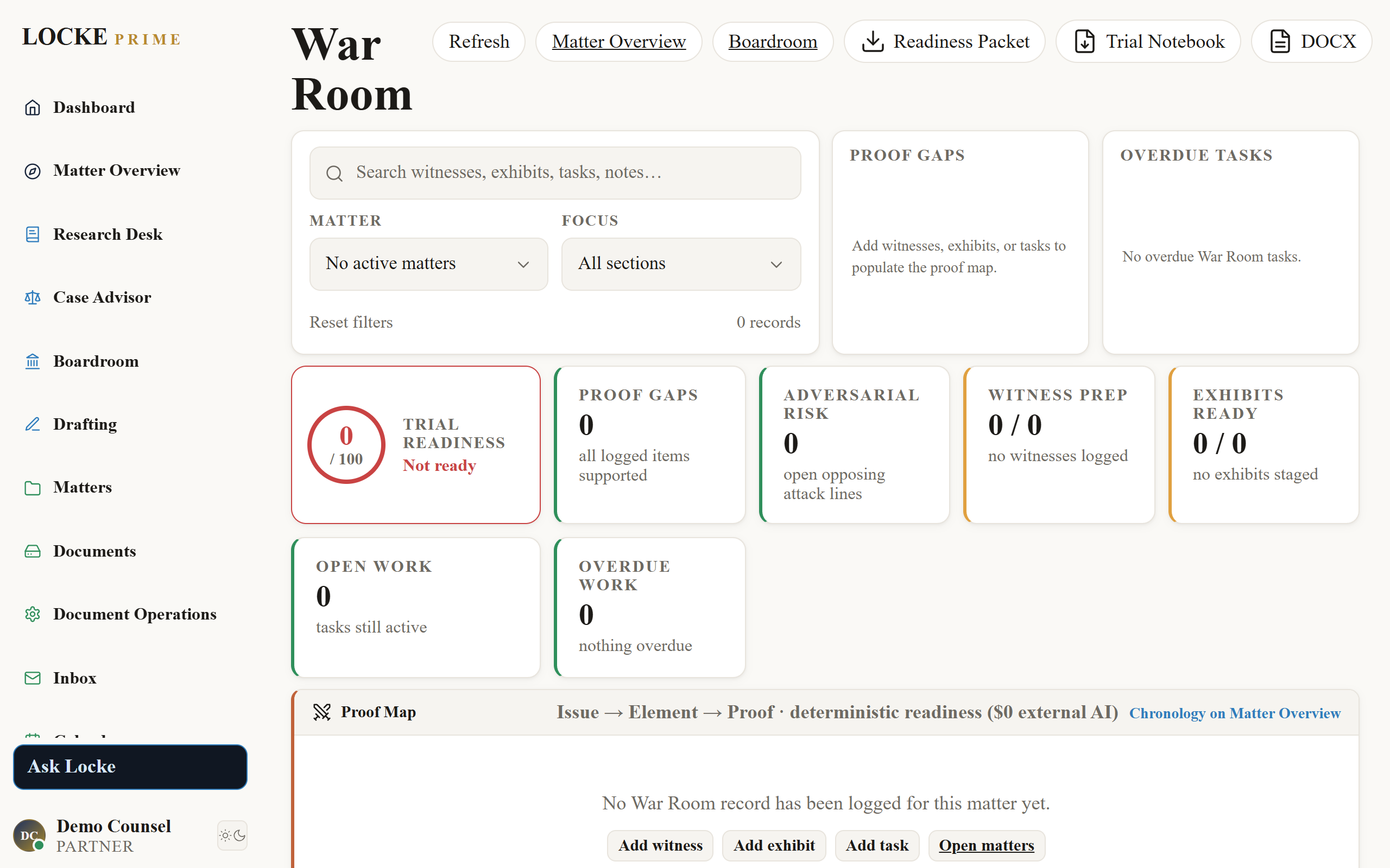 War Room proof map and readiness dashboard